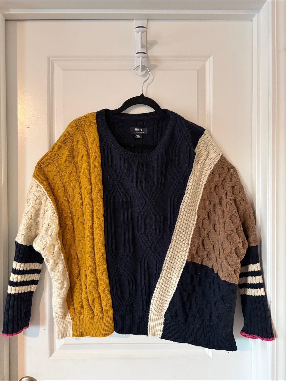 Anthropologie Colorblock Cable Knit Sweater in Navy, Mustard, Cream & Brown